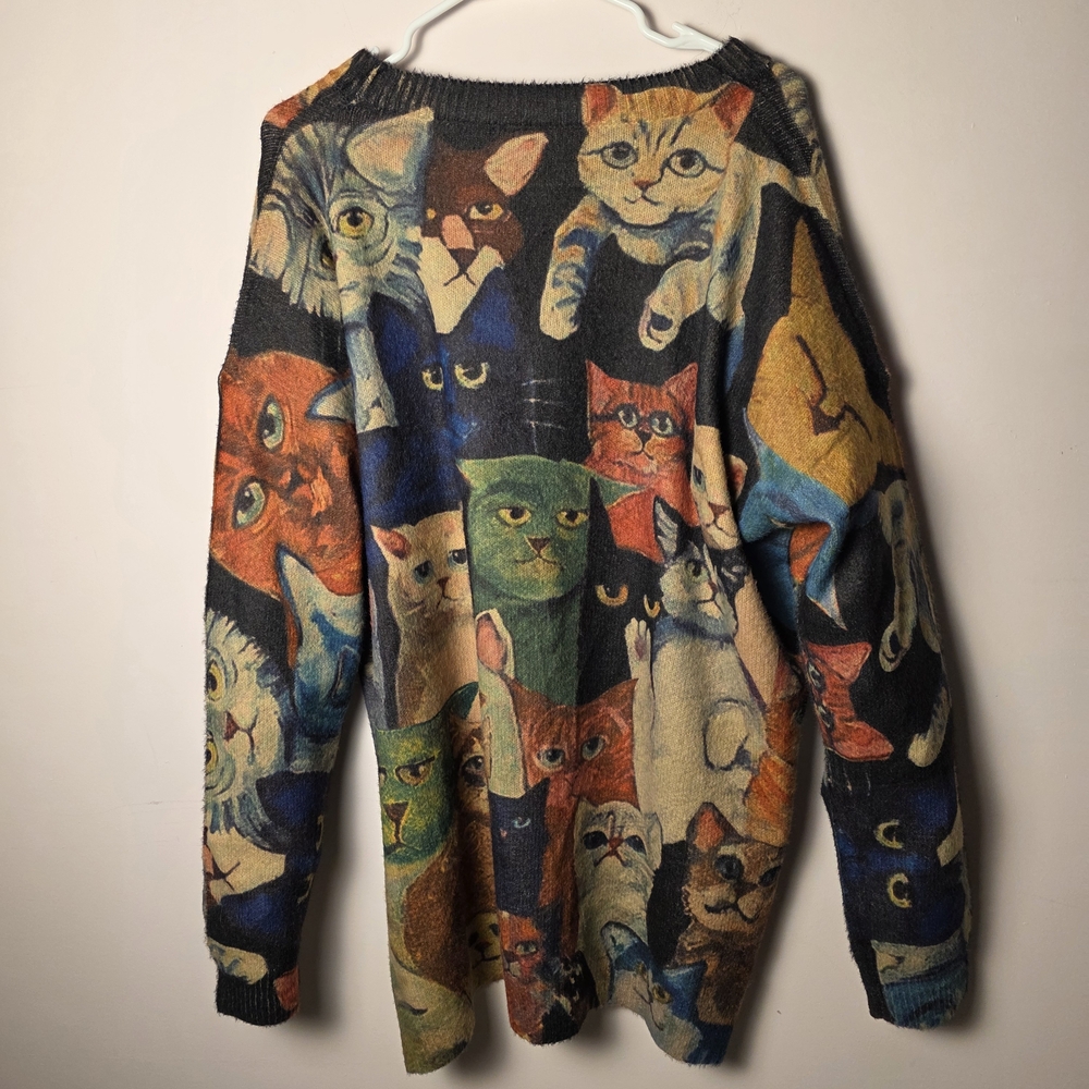 Vintage Style Cat Tapestry Sweater Oversized Large Wool Blend Feline Art Graphic - Picture 2 of 6